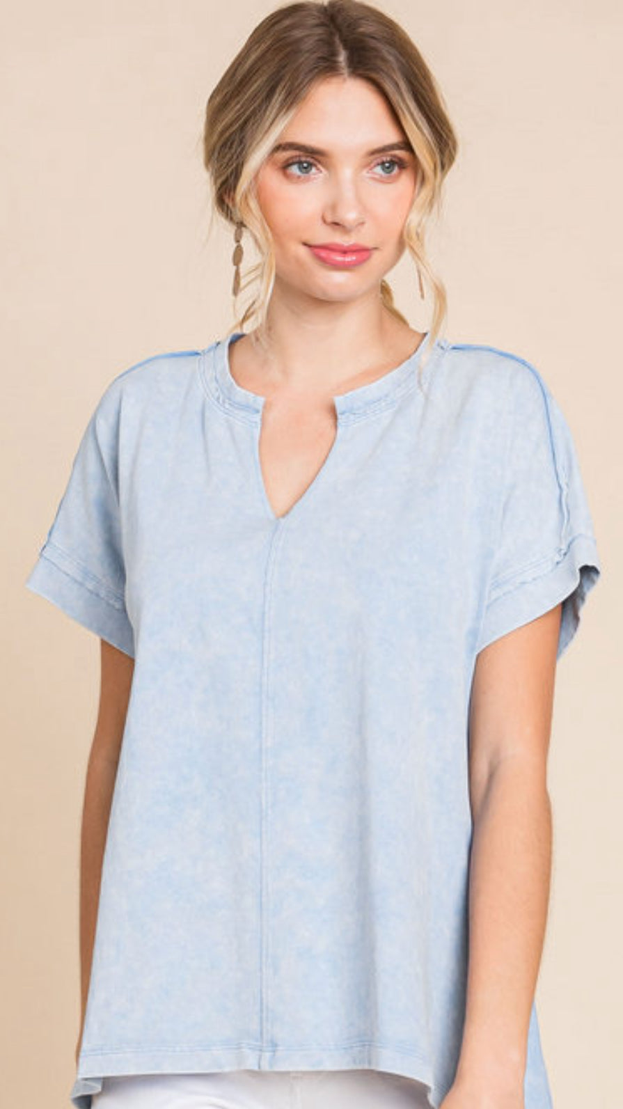 Denim blue slit neck short sleeve top