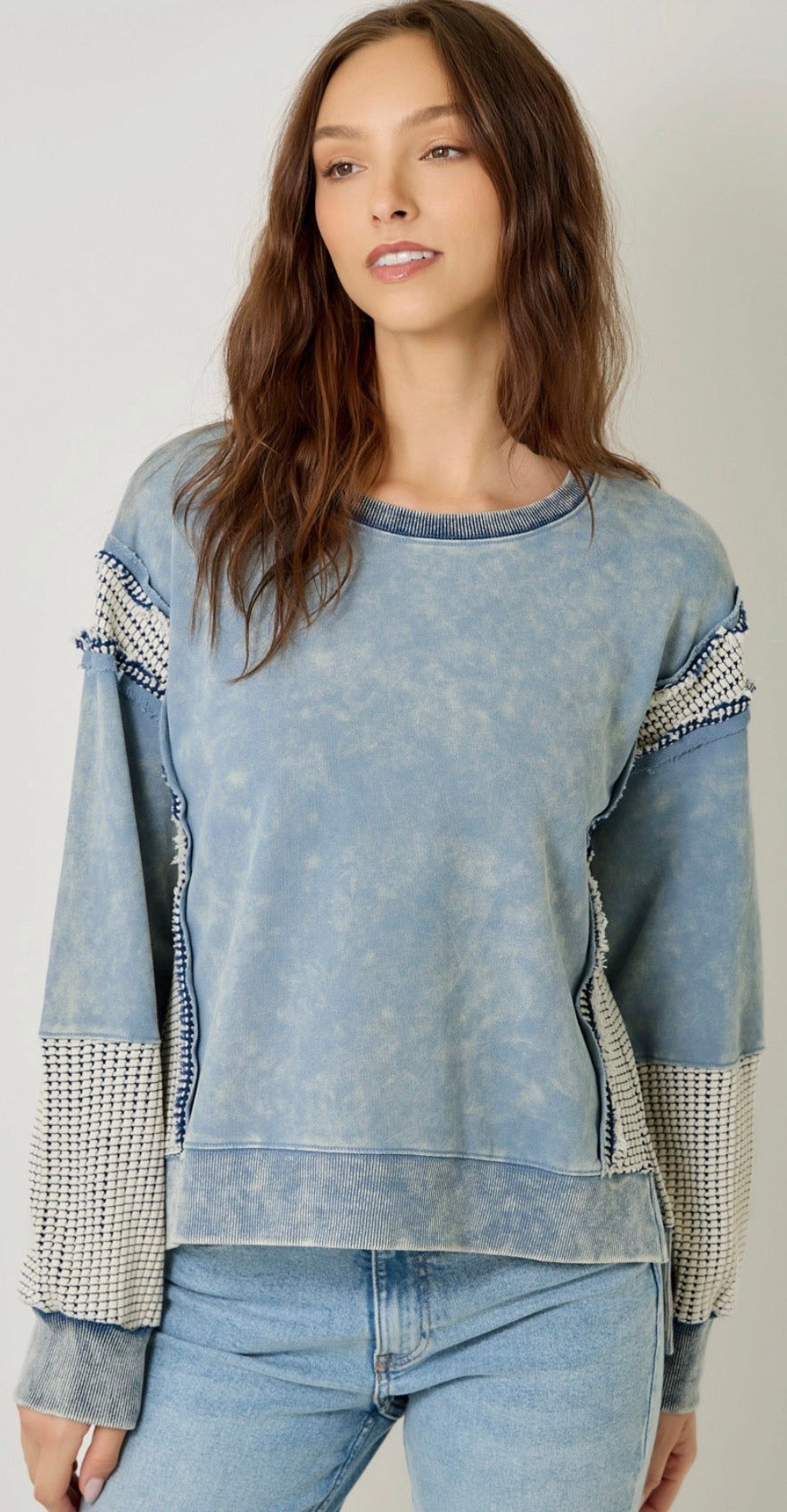 PREORDER NOW, Arriving Friday…Blue mineral wash soft sweatshirt with waffle inserts
