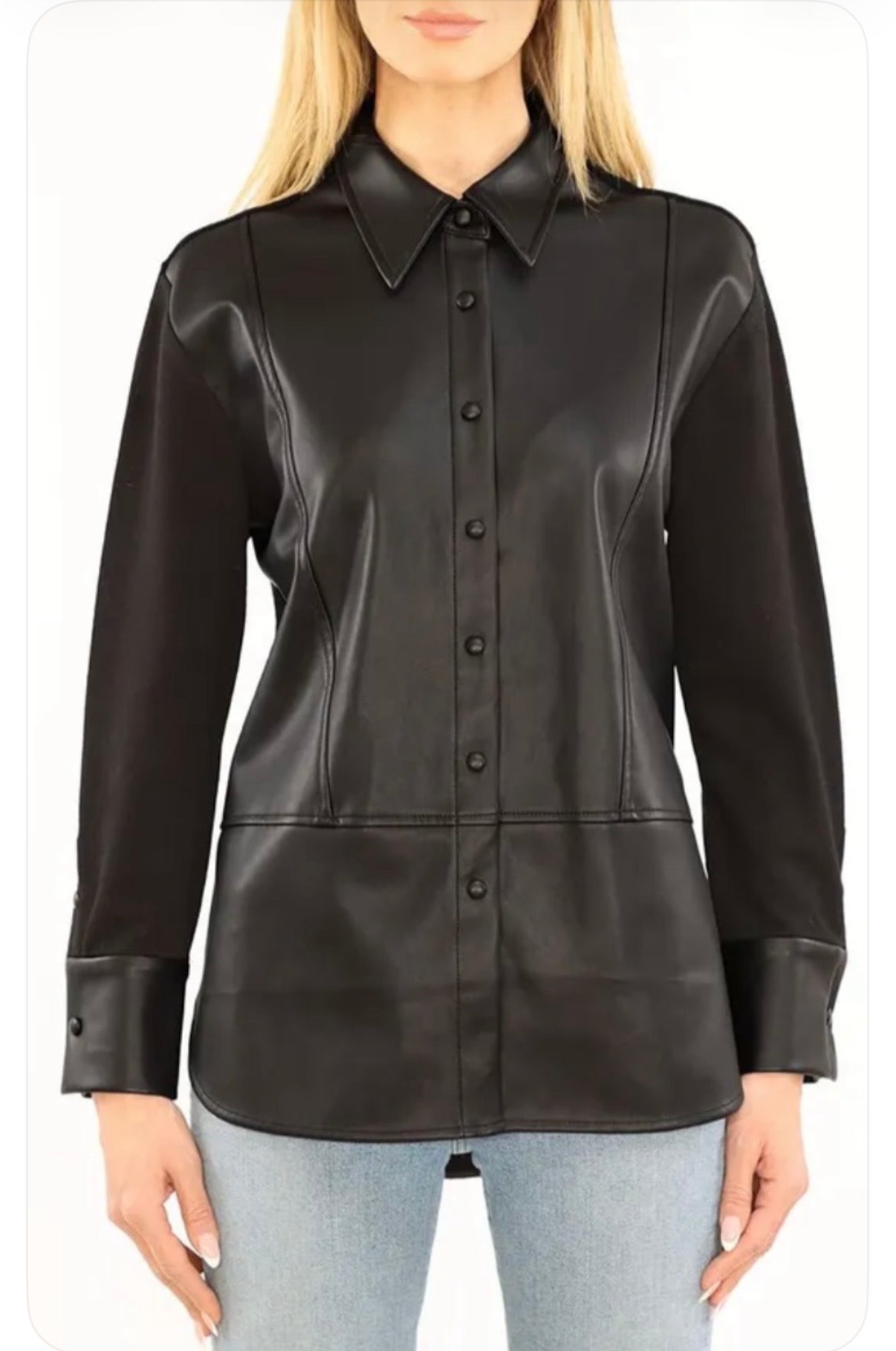 Black soft faux leather button down blouse
