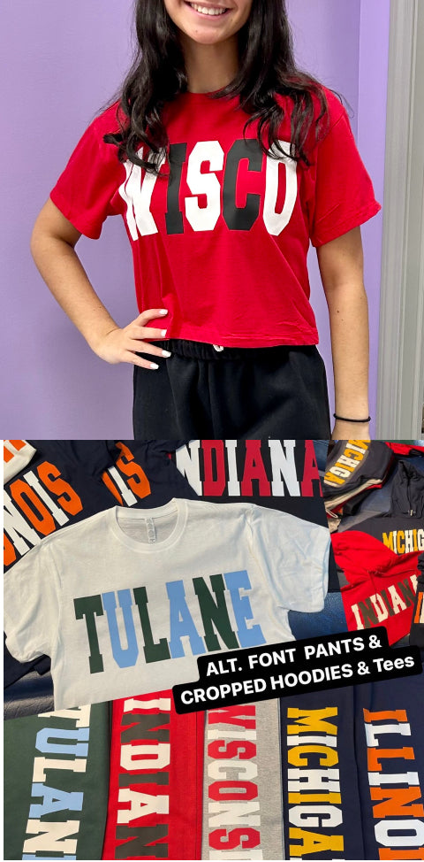 Custom college alt color cropped hoodie or tee (can make for ANY school or camp) Sweatpants are also available in a separate listing