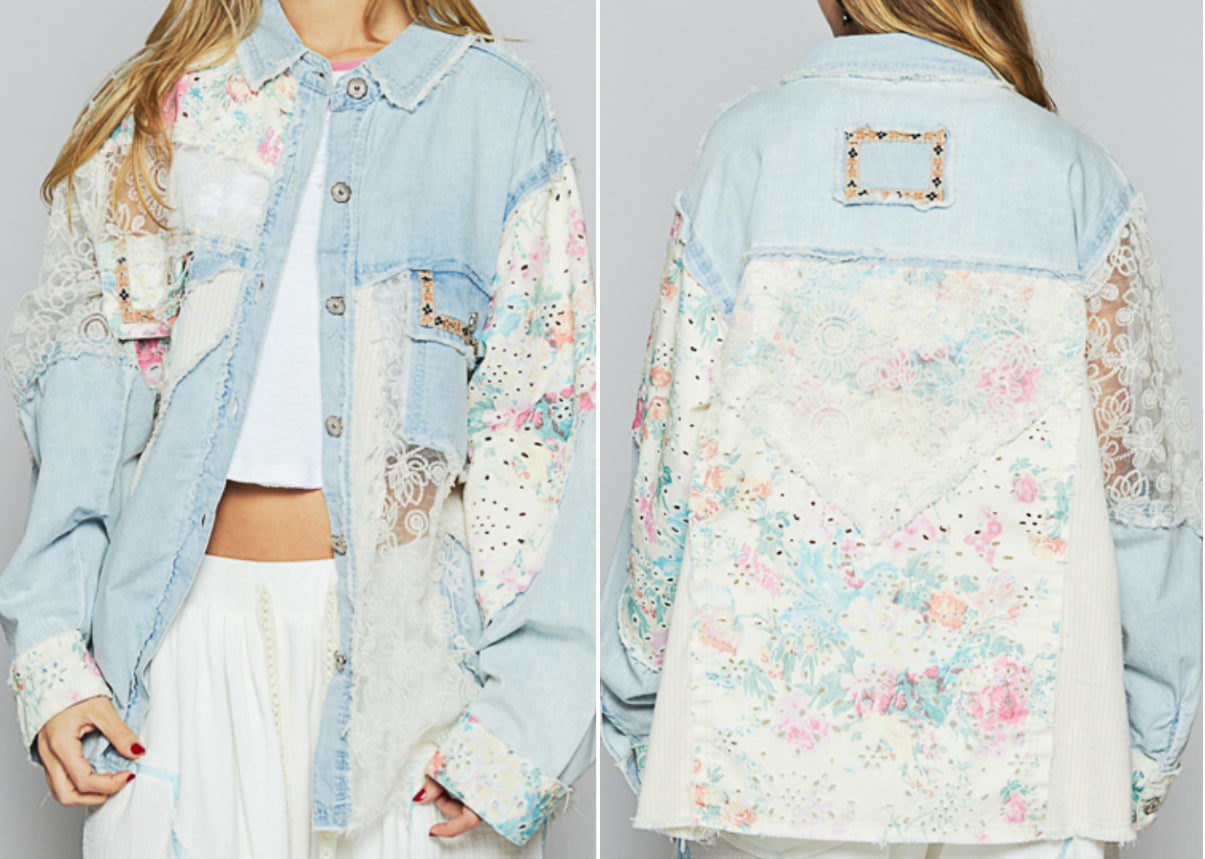 Oversized denim shacket with floral crochet and lace inserts, available up to XXL