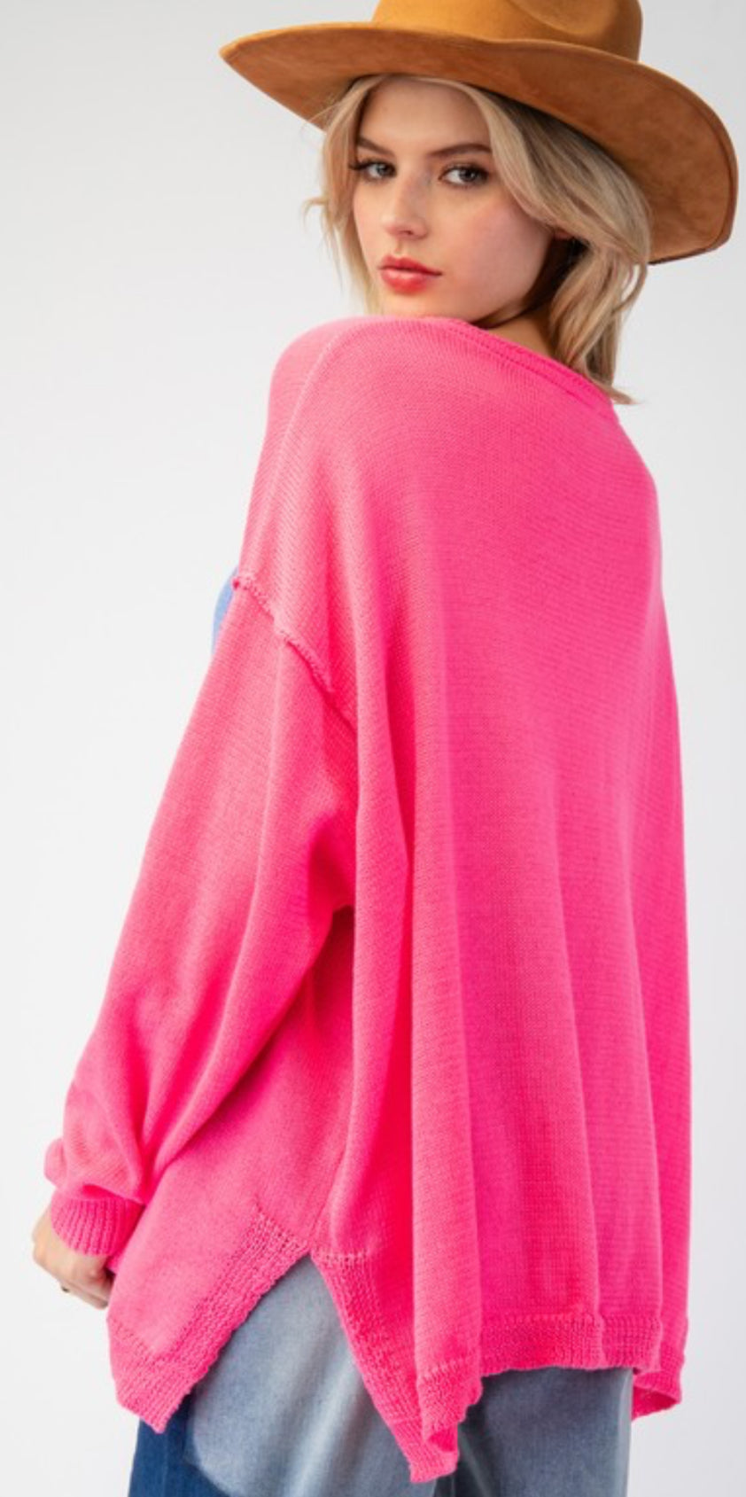 Pink oversized lightweight sweater with daisy (also available in plus size)