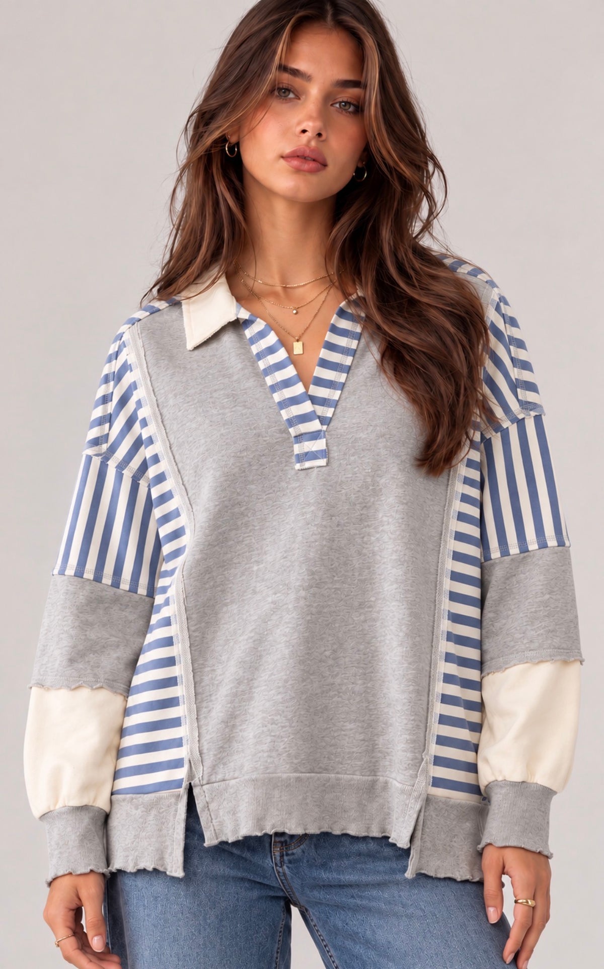 Arriving Wednesday afternoon…Grey with blue stripes loose fit rugby top