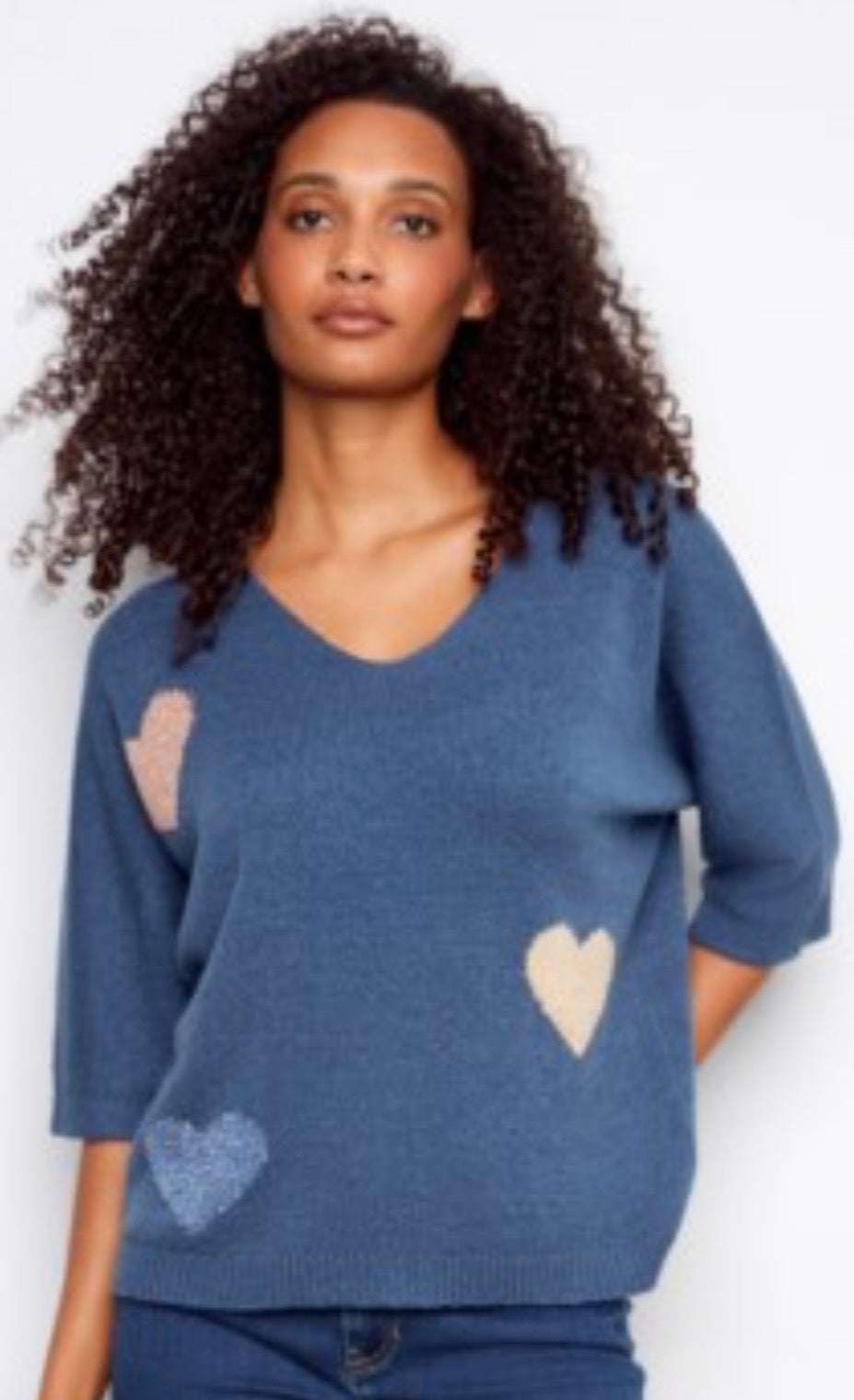 Charlie B navy soft, lightweight dolman sweater with hearts