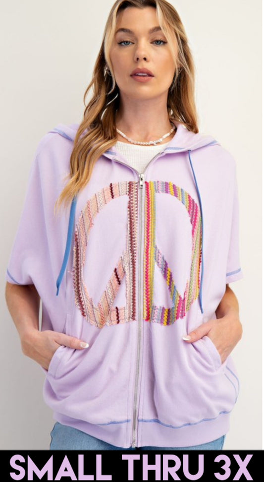 Lilac short sleeve zip hoodie with multi peace sign (also available in plus size)