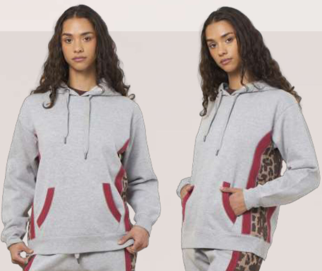 Vintage Havana grey soft hoodie with leopard and red trim