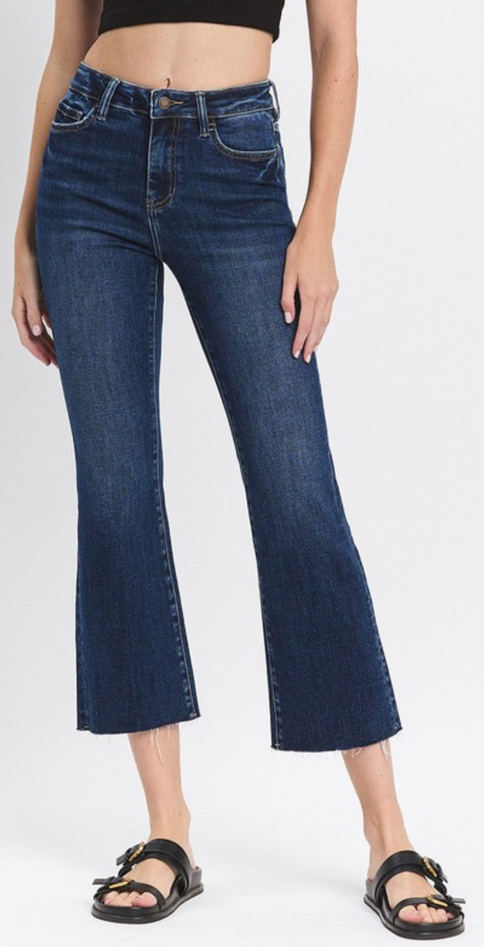 Dark raw hem kick flare jeans with stretch