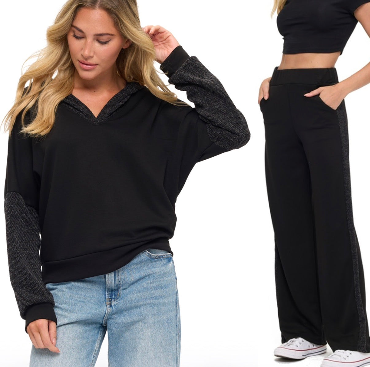 PREORDER NOW, Arriving tomorrow…Black soft scuba set (sold separately) with contrast sleeves and side stripes