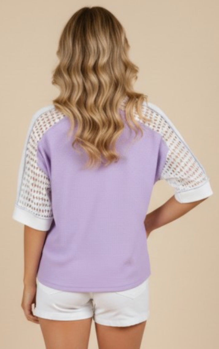 Lilac v neck top with crochet sleeves