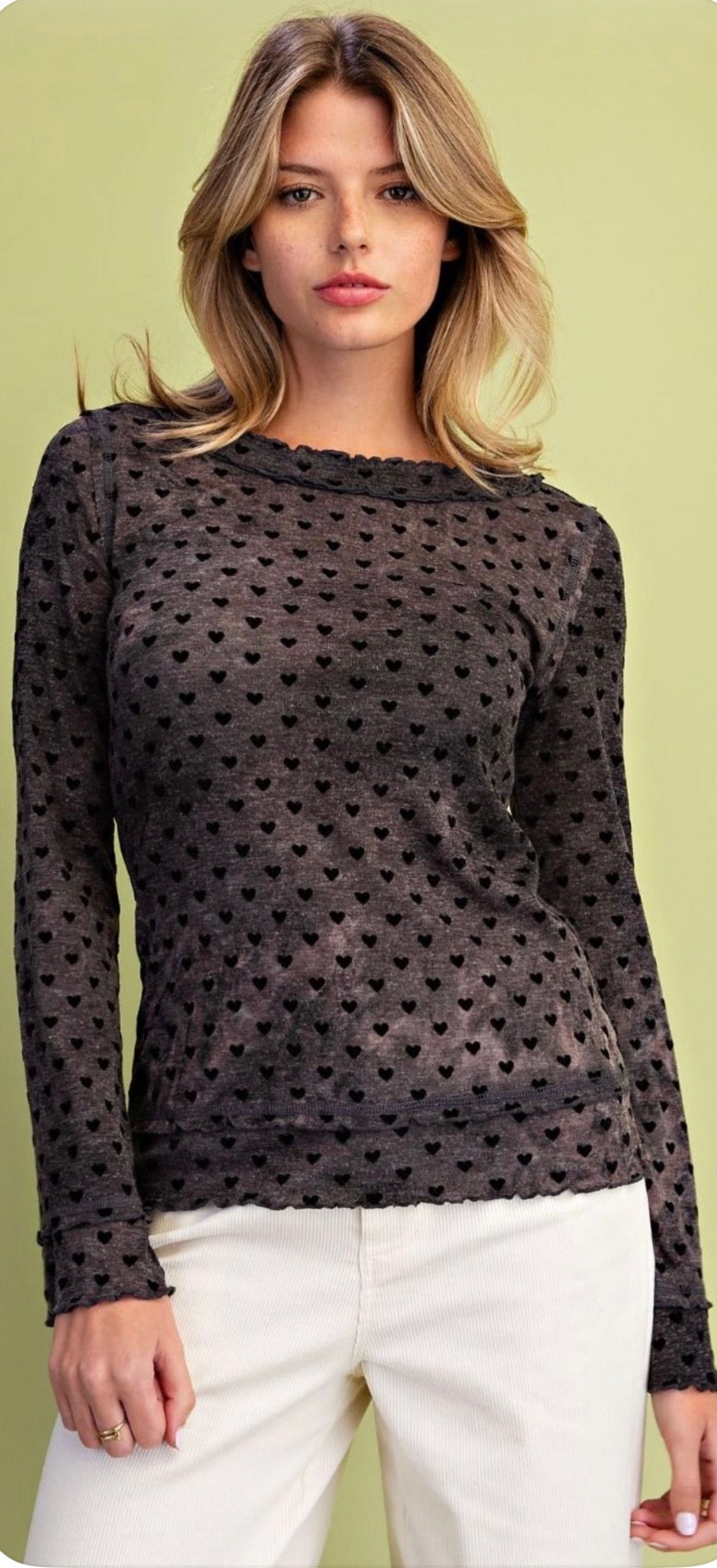 Black mesh burnout top with black hearts, great layered under a vest or cardigan!