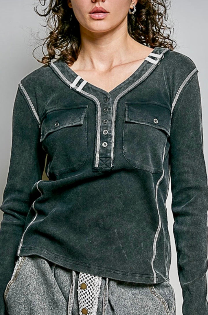 PREORDER NOW, Arriving Thursday…Black henley with white trim and 2 front pockets