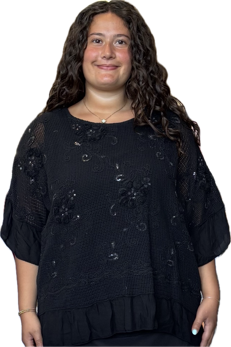Black loose fit top with netting and tonal black sequin flowers and flounce bottom