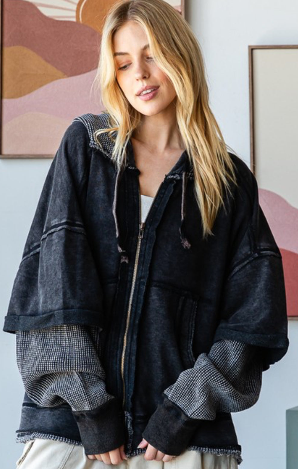 Washed black double layer zip hoodie (available up to 2X/3X)