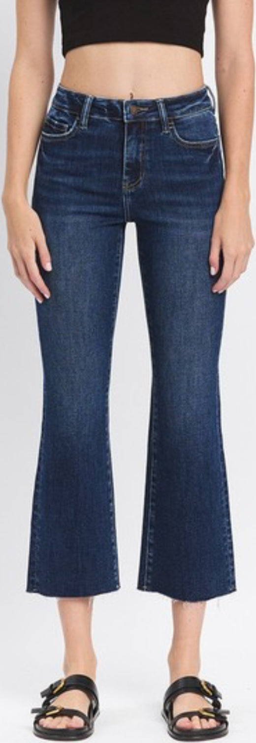Dark raw hem kick flare jeans with stretch