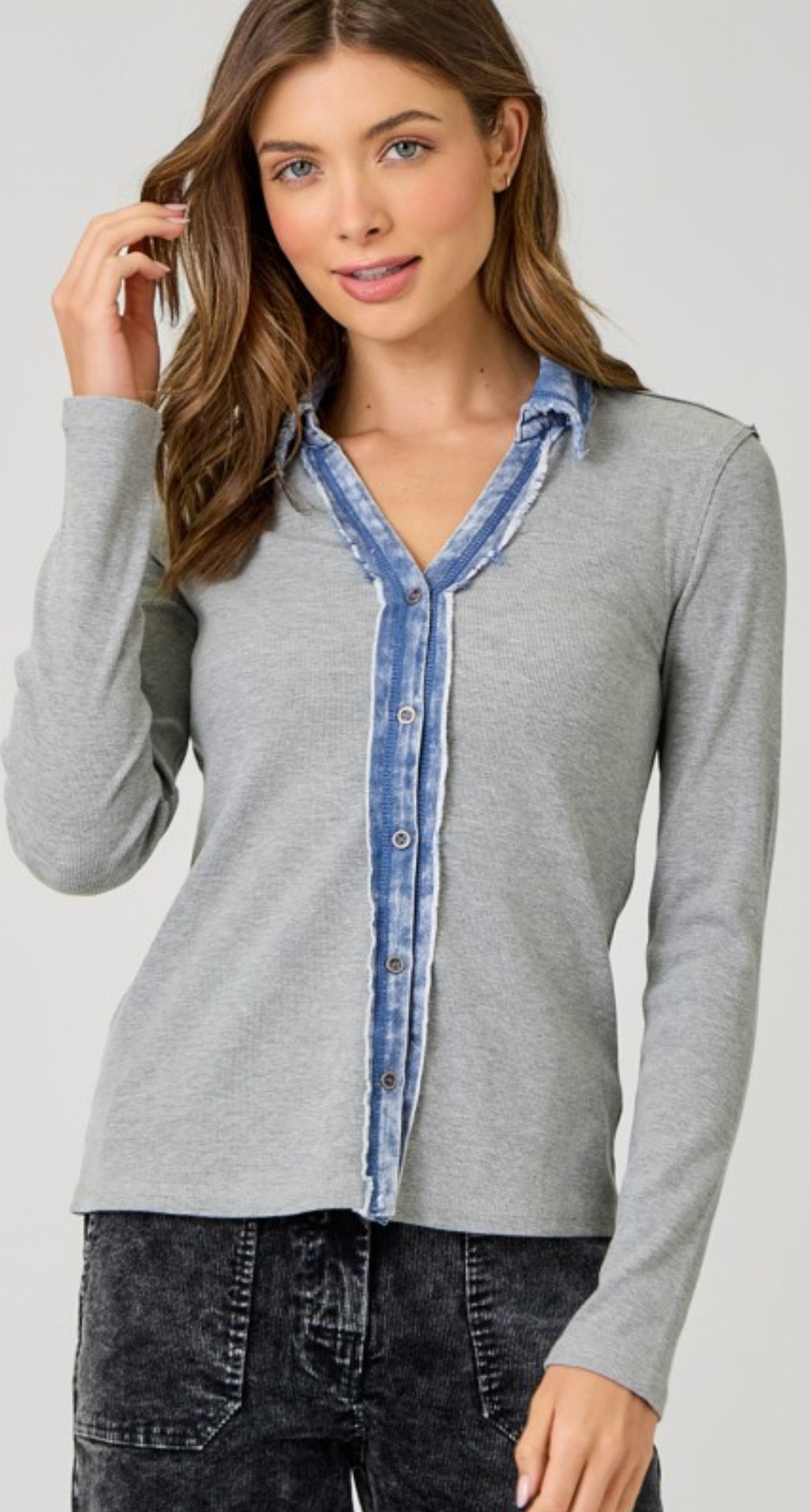 Denim trim soft knit tops with collar