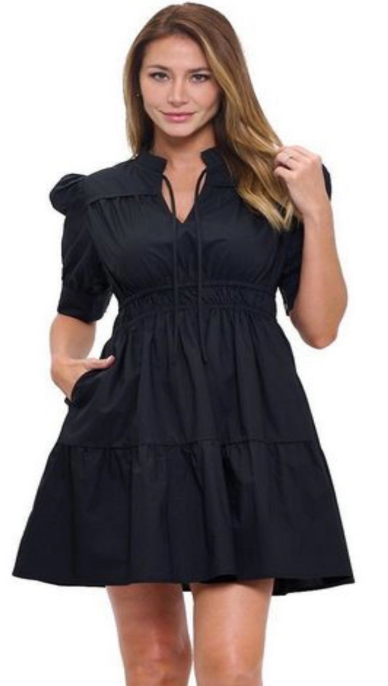 Black short sleeve dress with puff shoulders