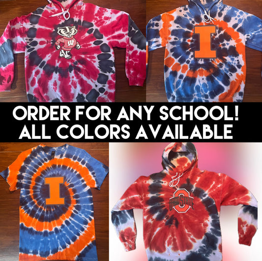 In stock tie dye tees and sweatshirts
