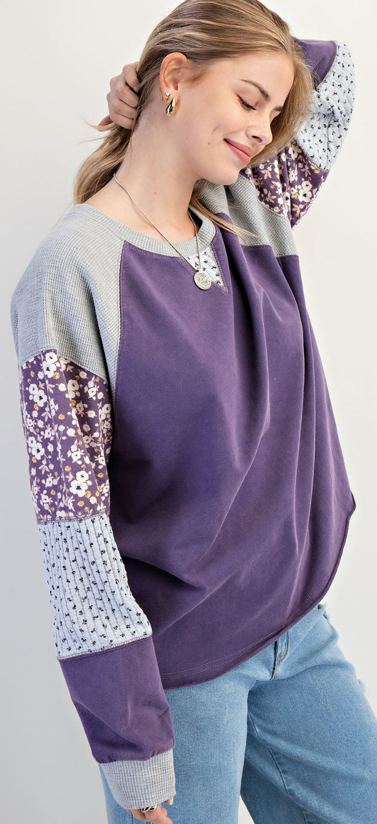 Purple sweatshirt with mixed floral inserts