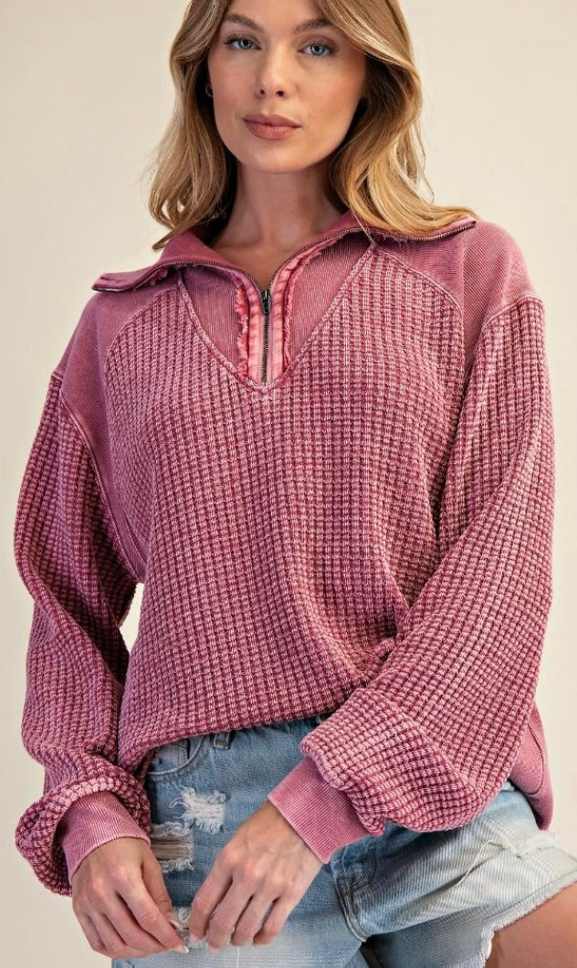 Burgundy waffle quarter zip with collar