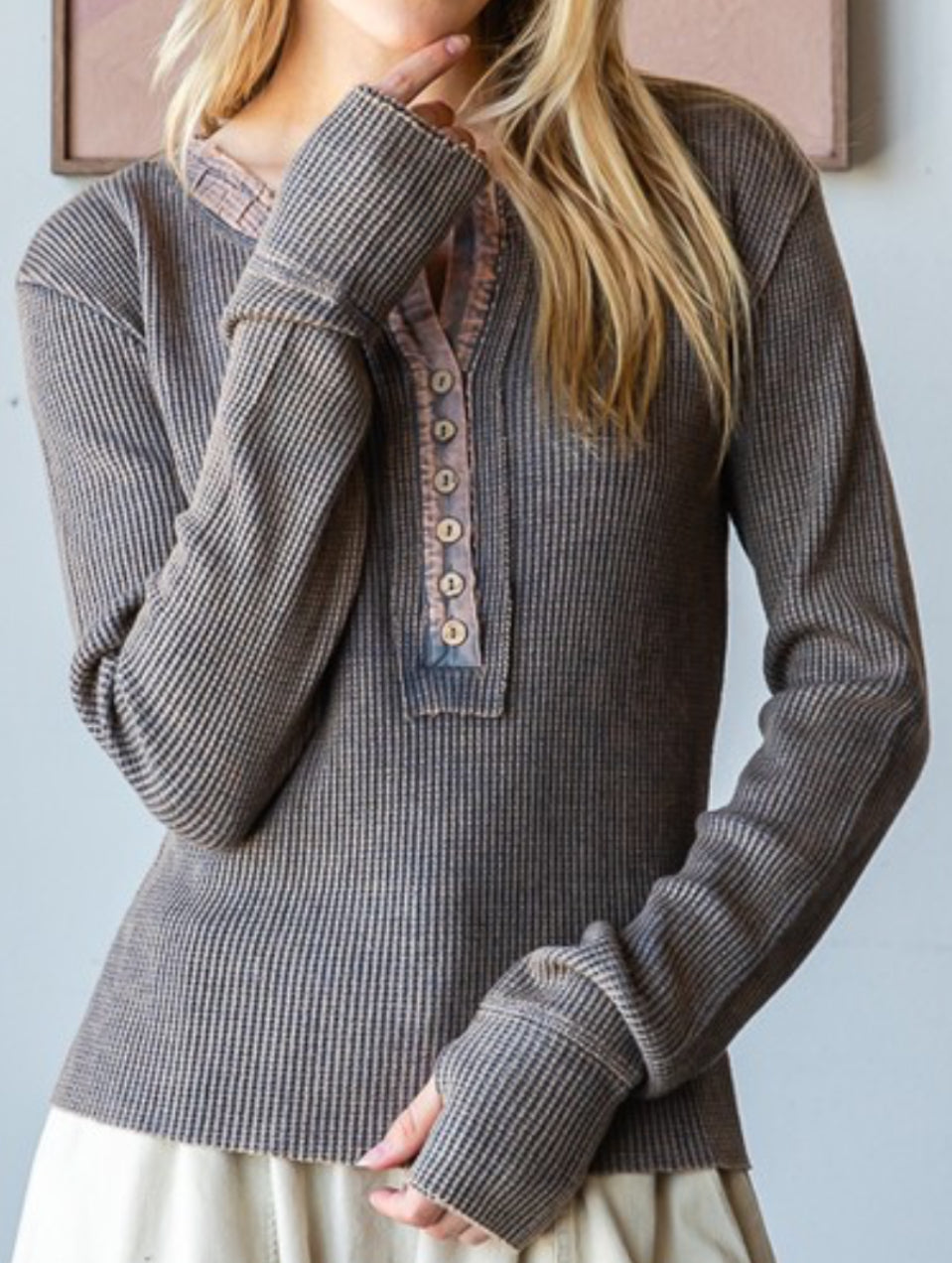 washed grey stretch thermal henley with thumbholes