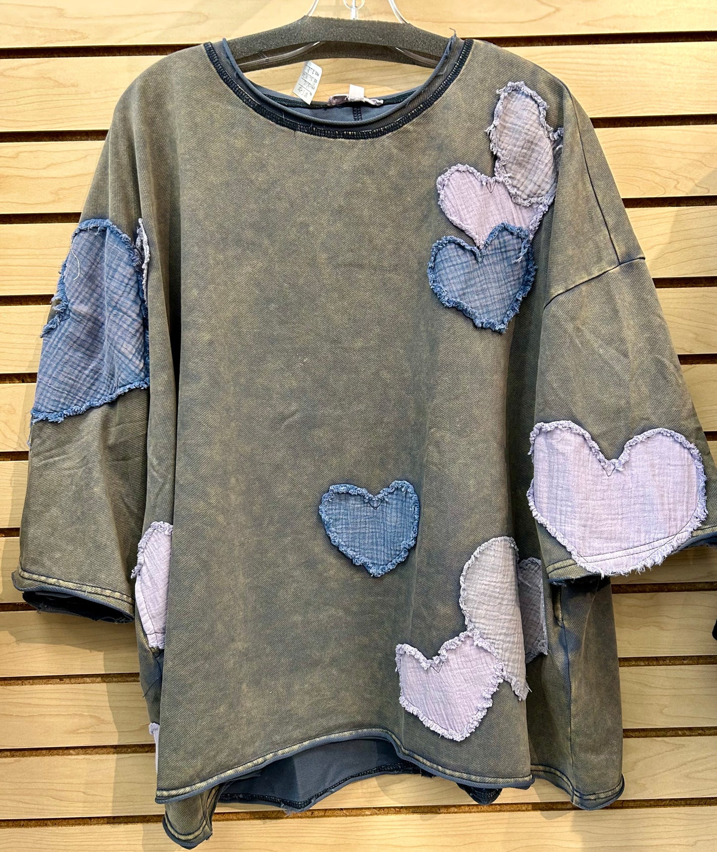 Blue oversized top with gauze heart patches all over (available up to size 1X/2X)
