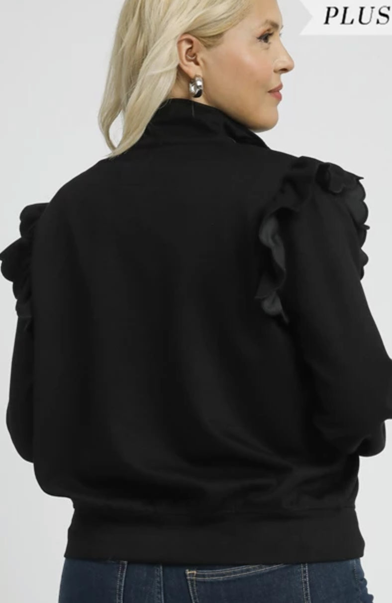 Plus size black ruffle shoulder quarter zip