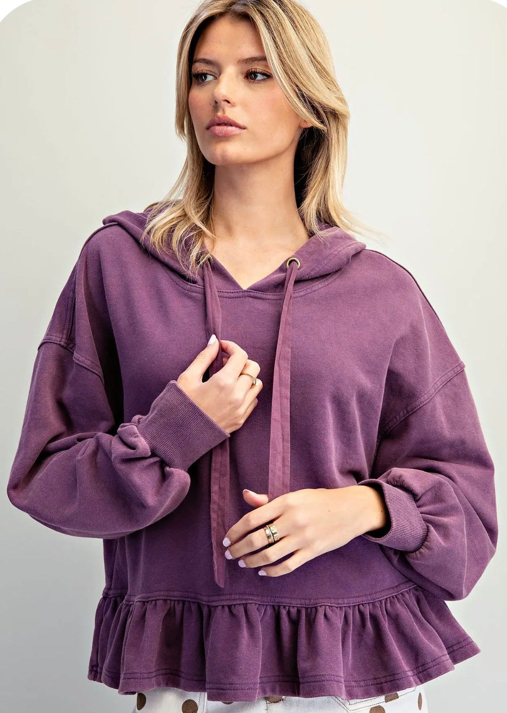 PREORDER NOW, Arriving Thursday…Purple peplum hooded sweatshirt
