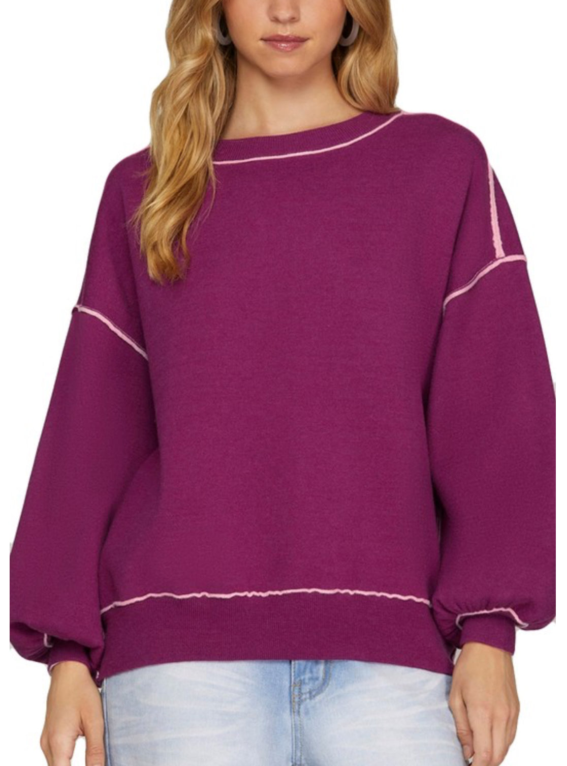Magenta seamed crew neck sweatshirt