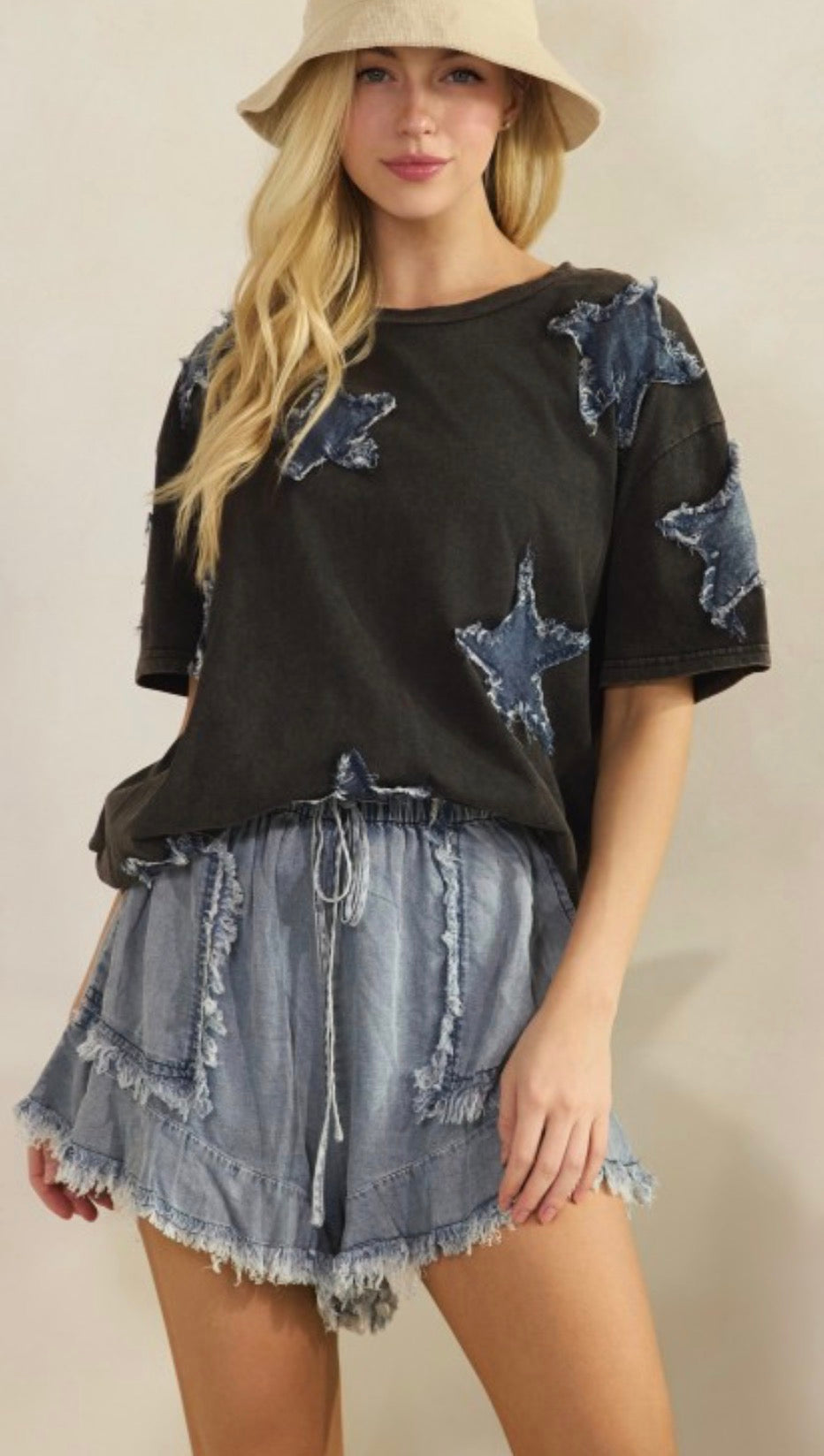 Black soft tee with denim star patches