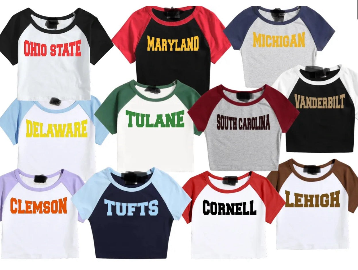 In stock & Custom cropped baseball tee and puff print sweat shorts (sold separately and can be made for ALL schools and camps)