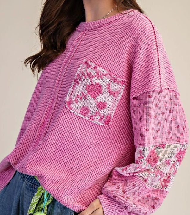 Pink waffle loose fit top with lace and floral detail