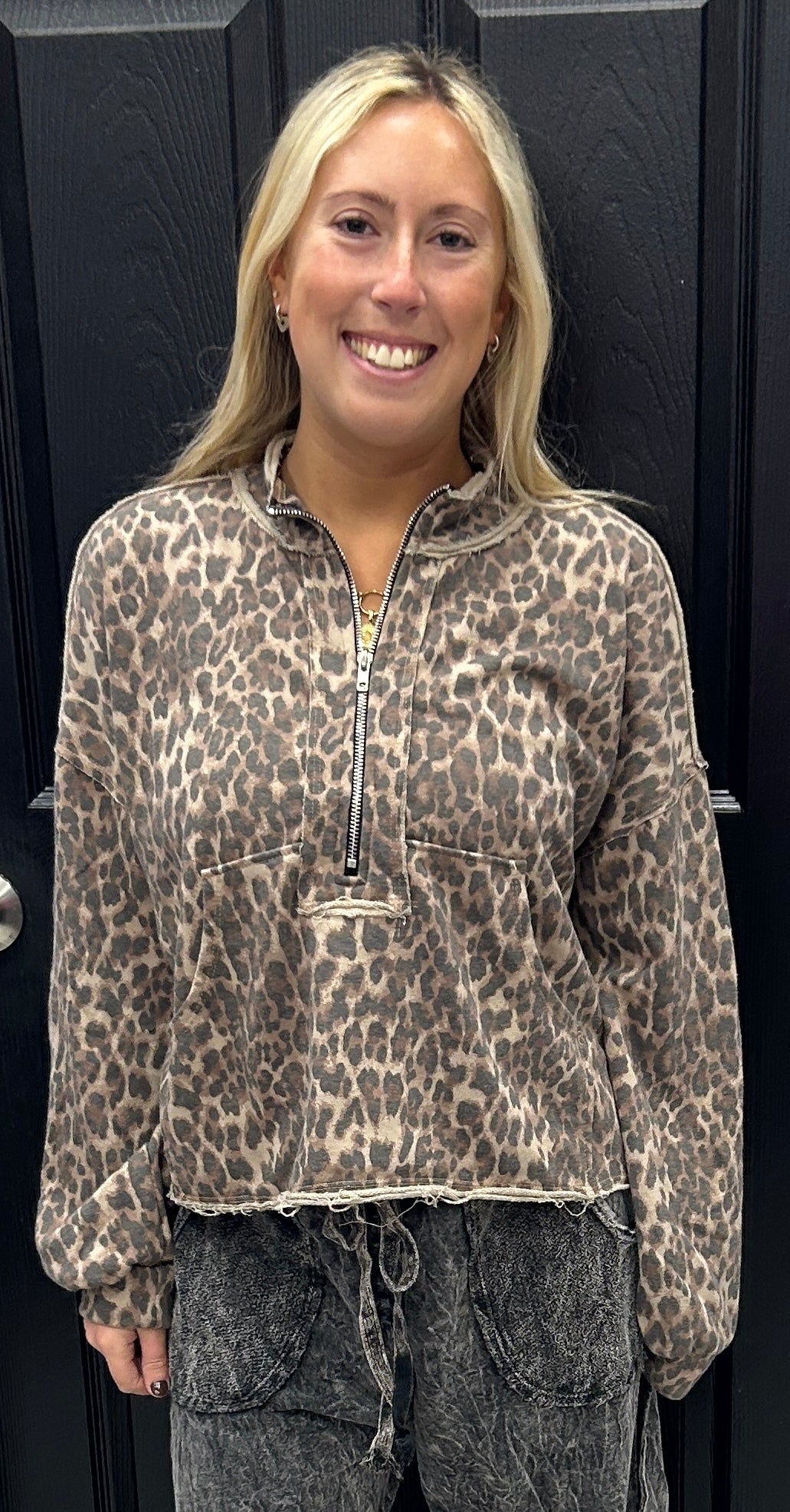 Super soft leopard quarter zip sweatshirt