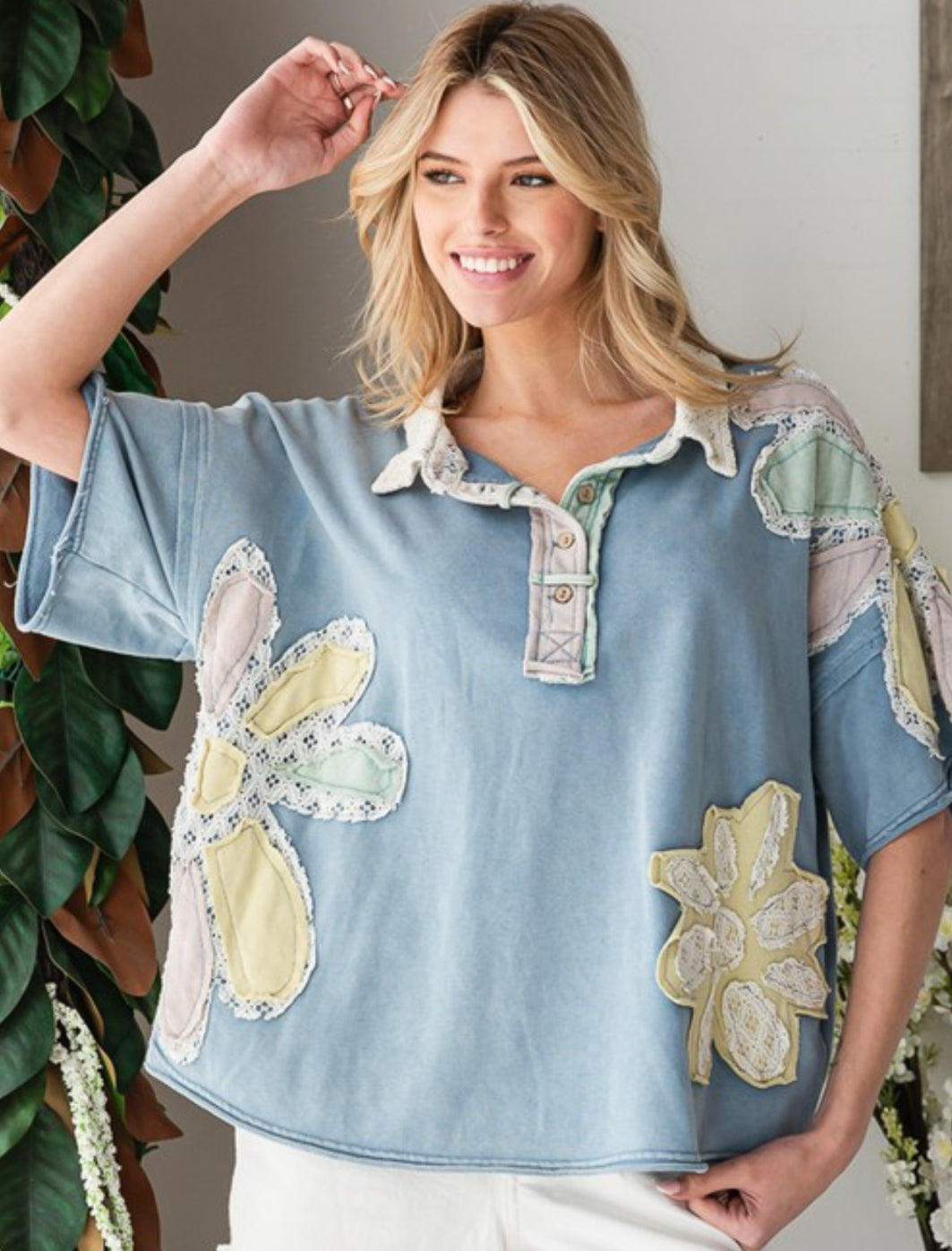 Blue loose fit top with lace flower patches (available up to XXL)
