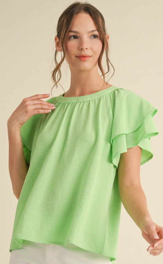 Neon lime lightweight airflow material flounce sleeve top