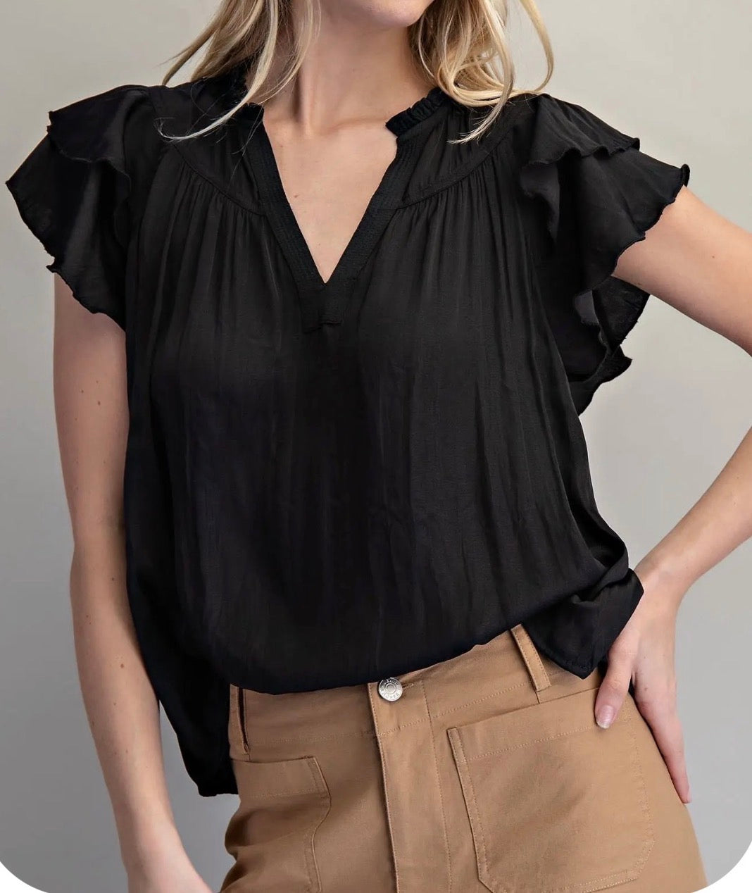 Black satin flutter sleeve top