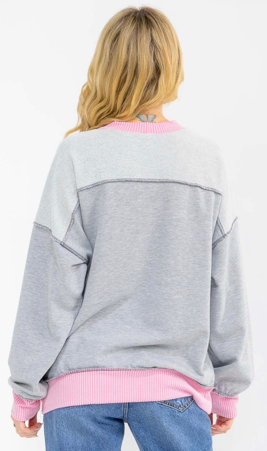 PREORDER NOW, Arriving tomorrow…Grey reverse sweatshirt with pink rib trim, available up to XL/XXL