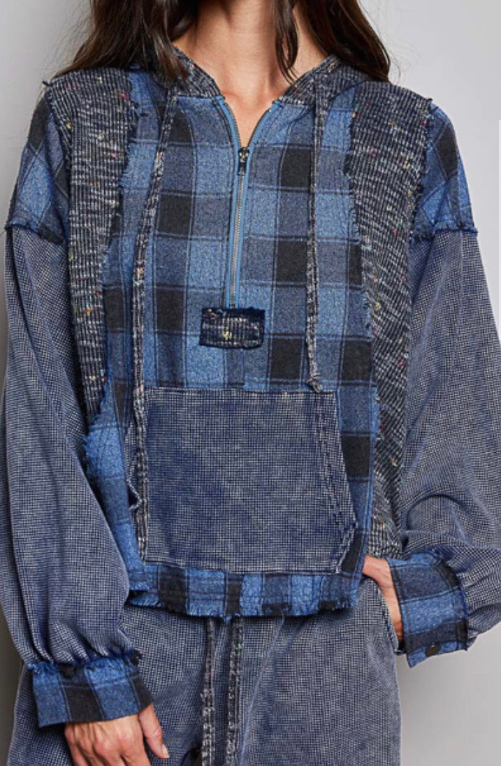 PREORDER NOW, Arriving Thursday…Blue plaid loose fit hi/lo quarter zip hoodie with thermal sleeves