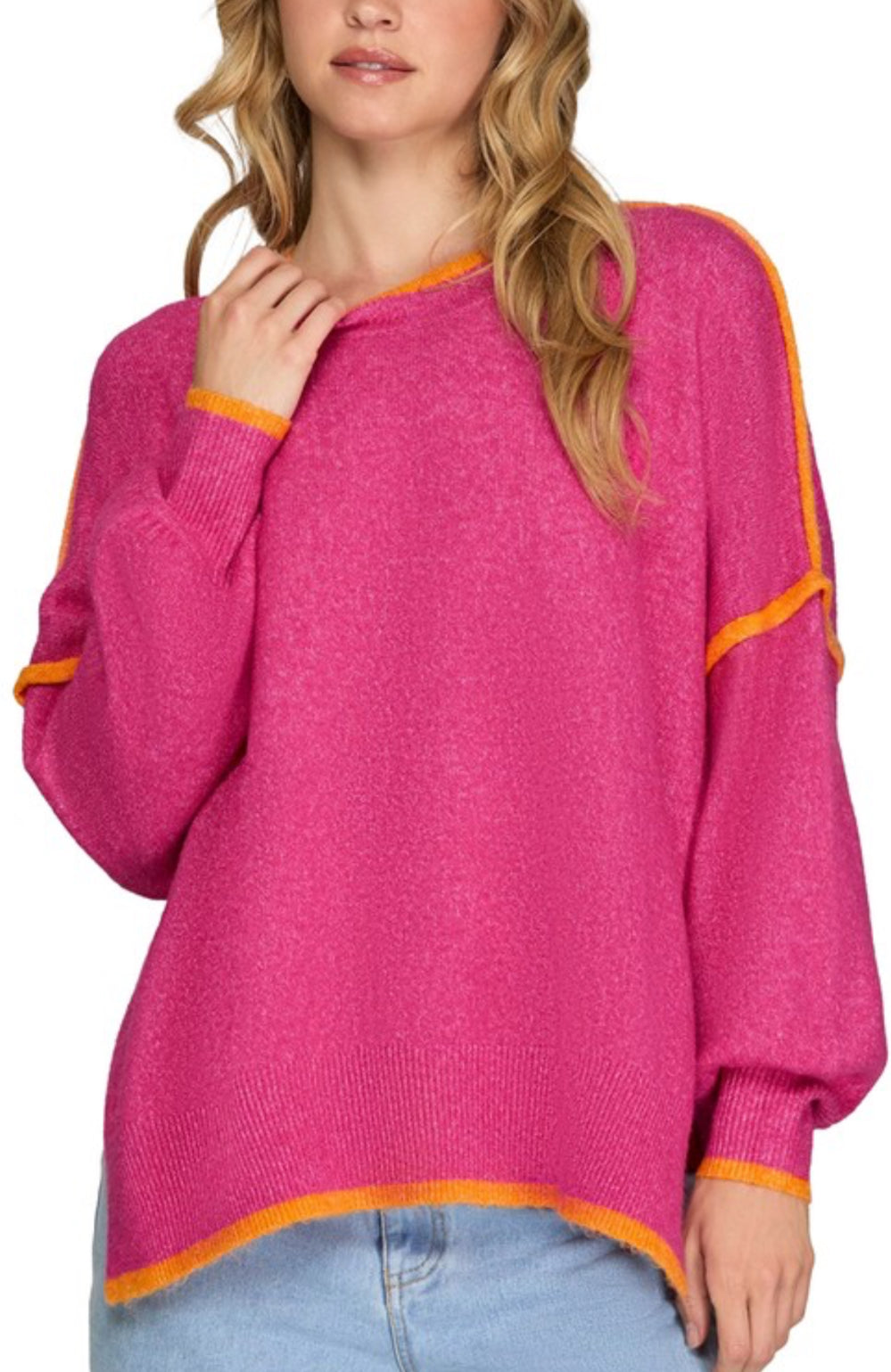 Pink soft sweater with orange stitching