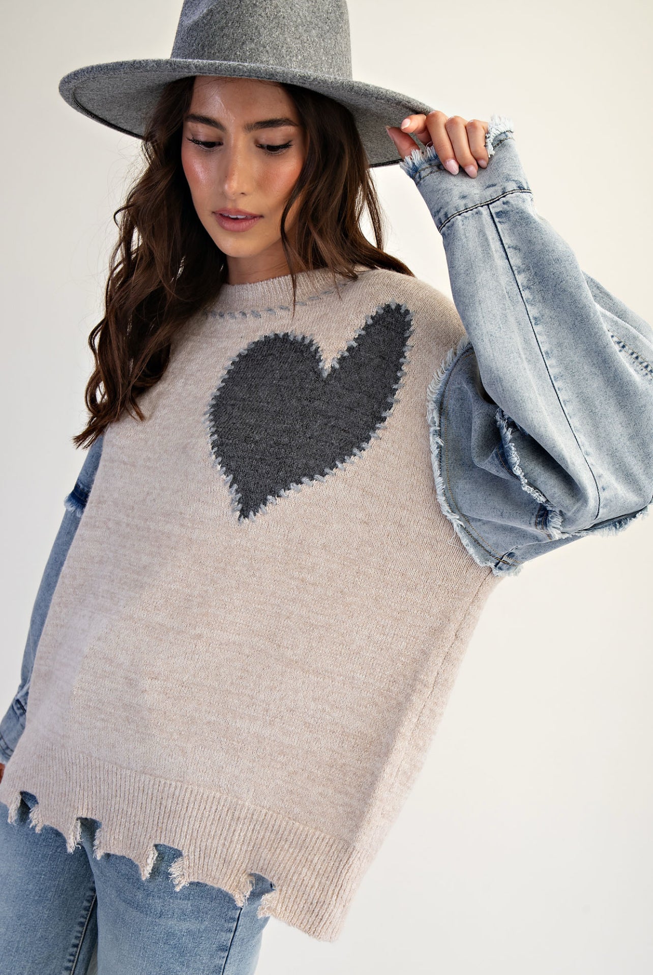 available in 2 colors! Lightweight sweater with heart and denim sleeves (see pic 2 for pink)