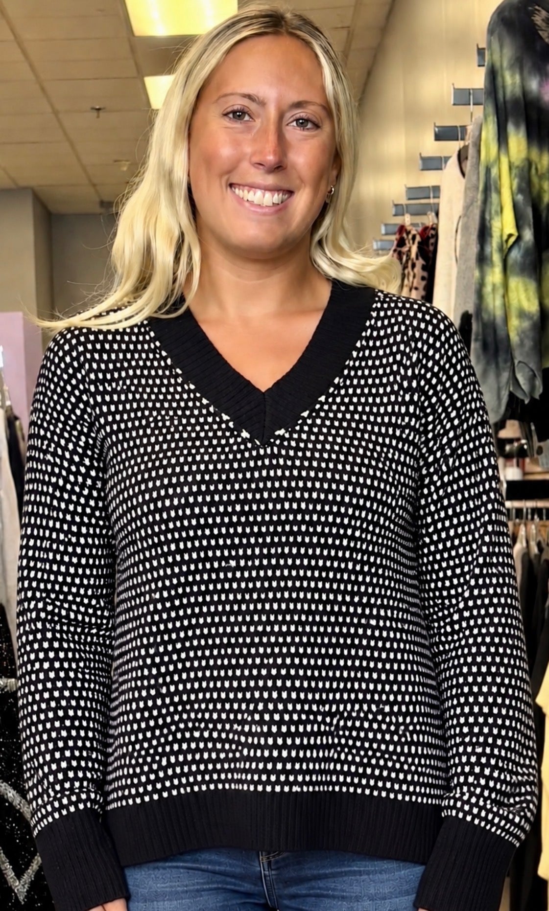 Black and white soft knit v neck relaxed fit sweater