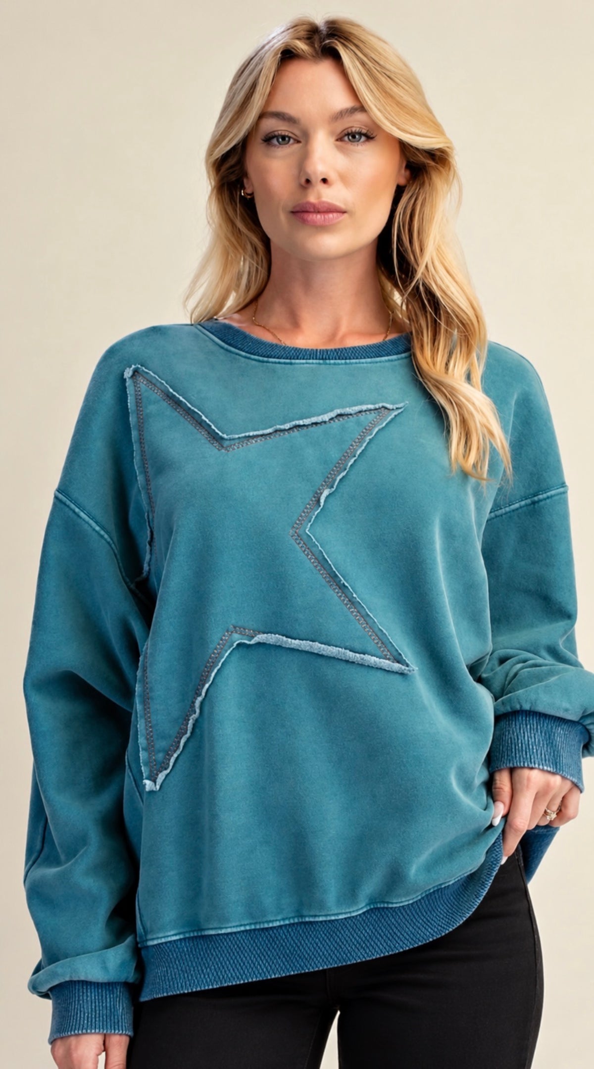 PREORDER NOW, Arriving Thursday…Teal relaxed fit sweatshirt with tonal star