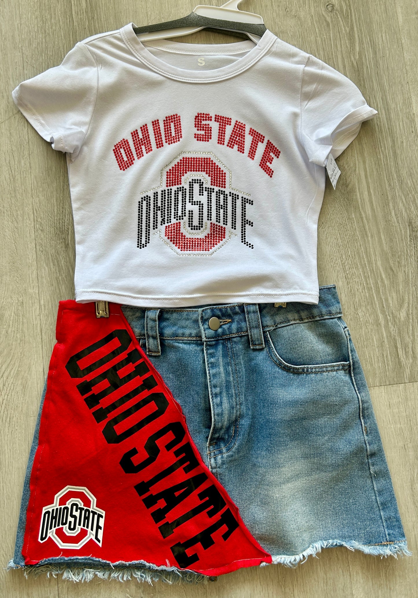In stock & Custom denim skirt with fleece patch (available to order for ANY school)