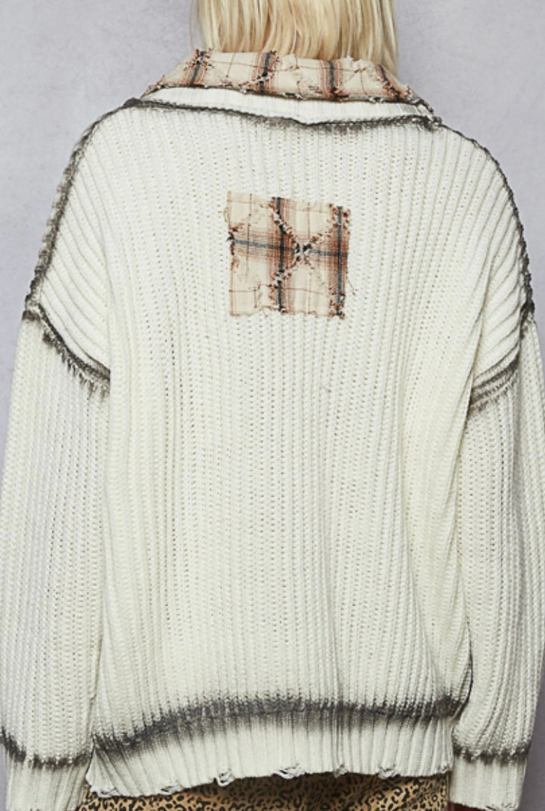 Ivory relaxed fit sweater knit cardigan with plaid patches