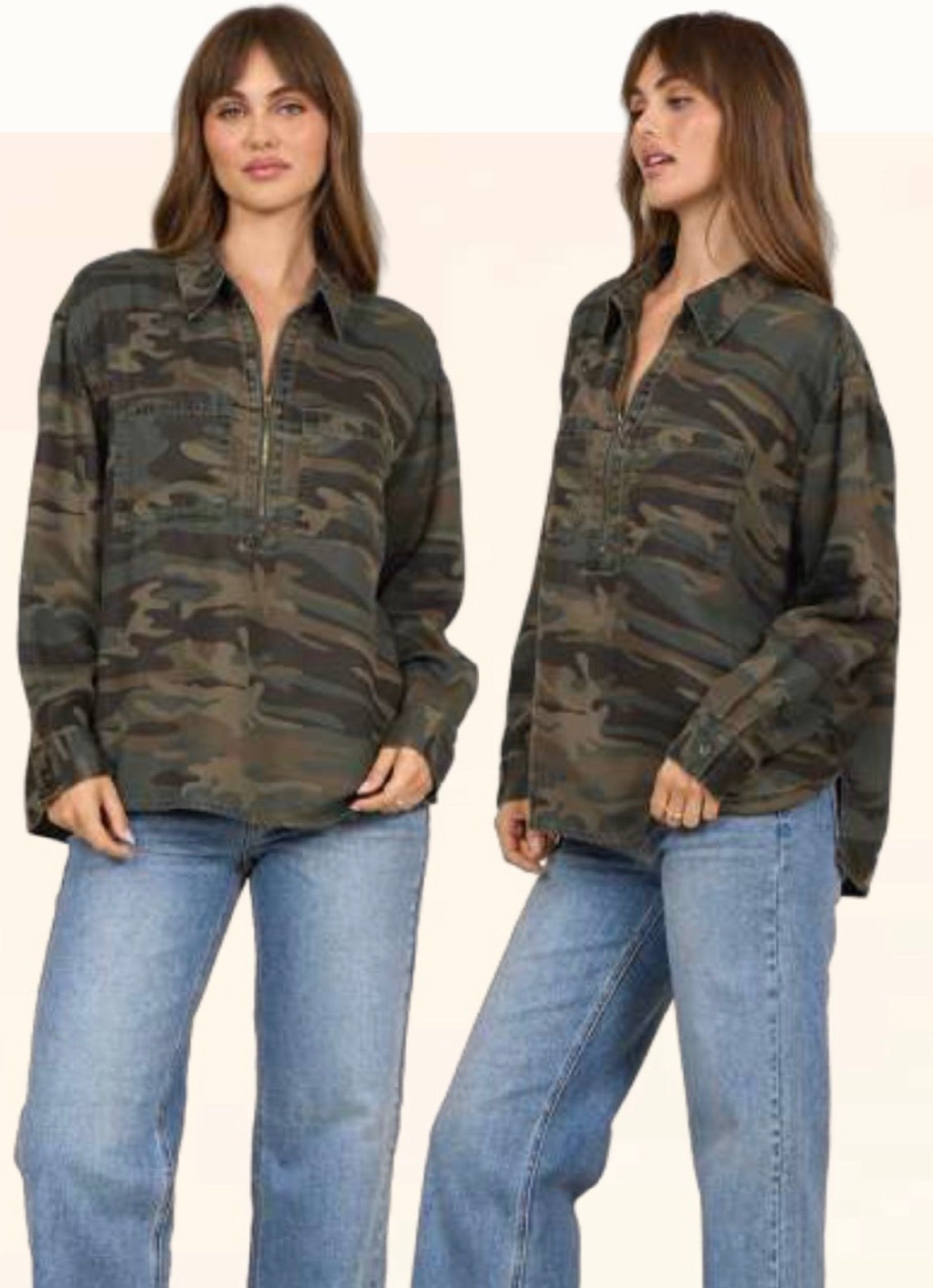 Vintage Havana camo tencel quarter zip blouse
