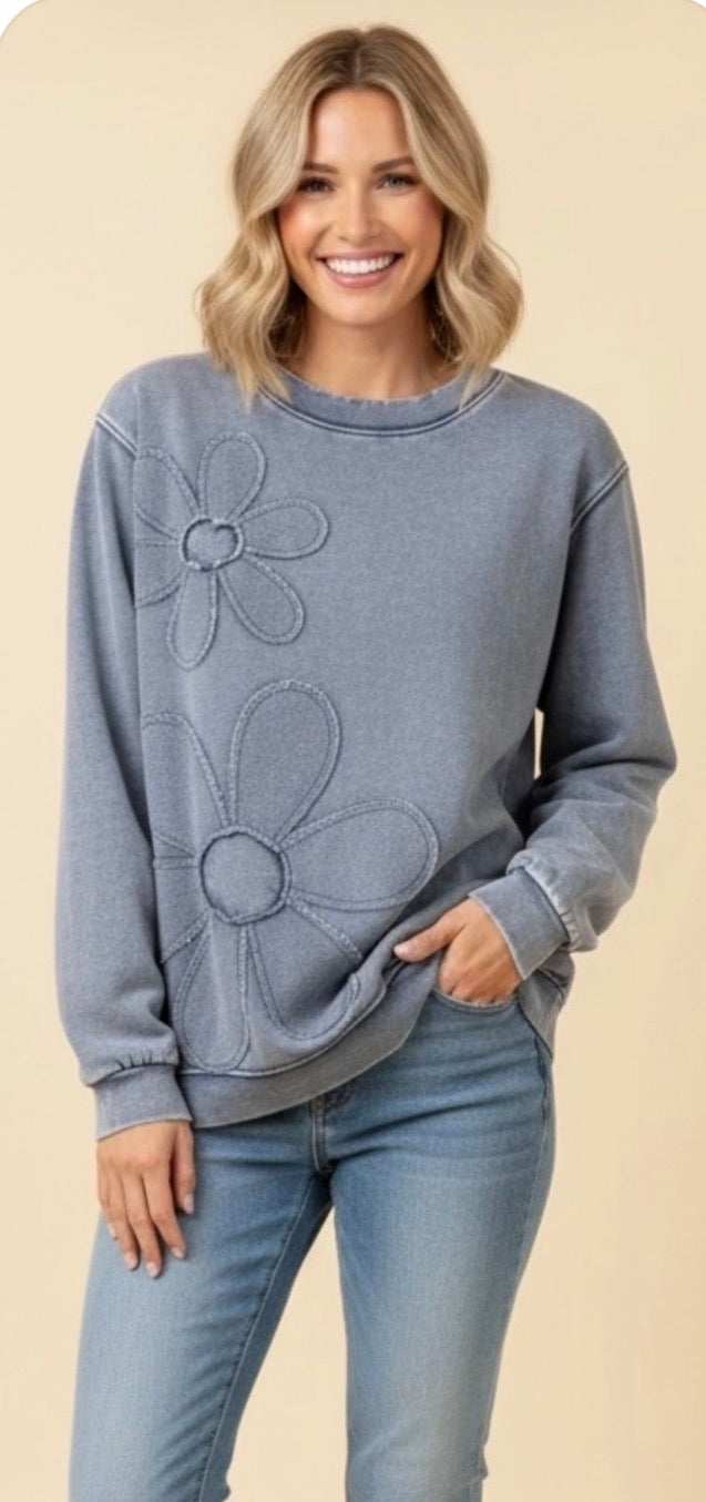 Arriving Wednesday afternoon…Blue sweatshirt with tonal daisies on front and back