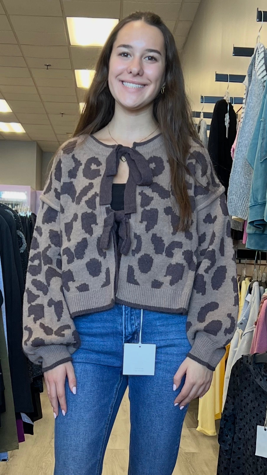 Brown leopard tie front sweater knit cardigan