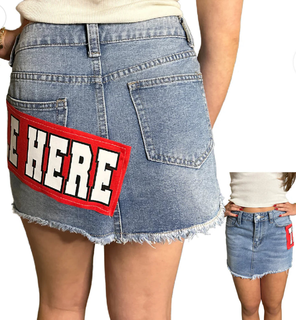 IN STOCK & Custom denim skirt with patch (order for ANY school or camp and tube top sold separately on our website)