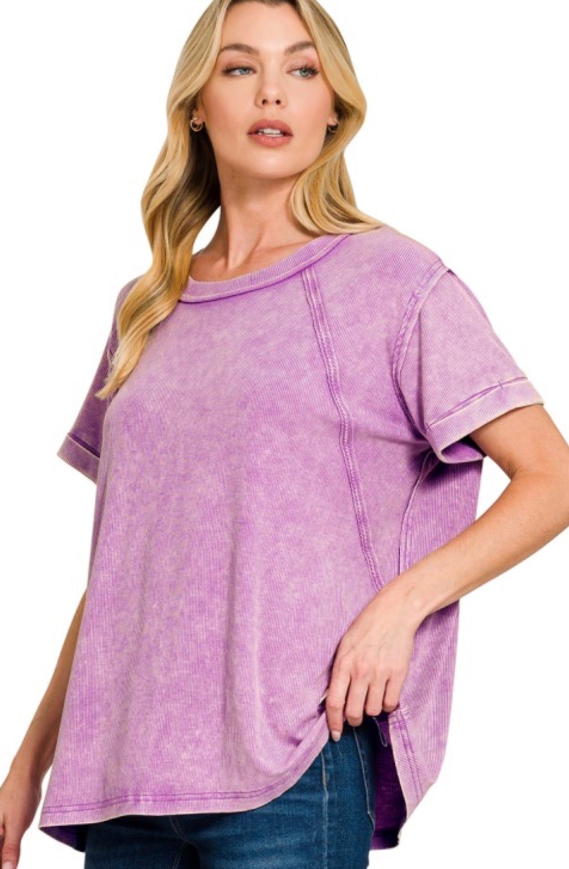 Lilac soft rib short sleeve raglan top