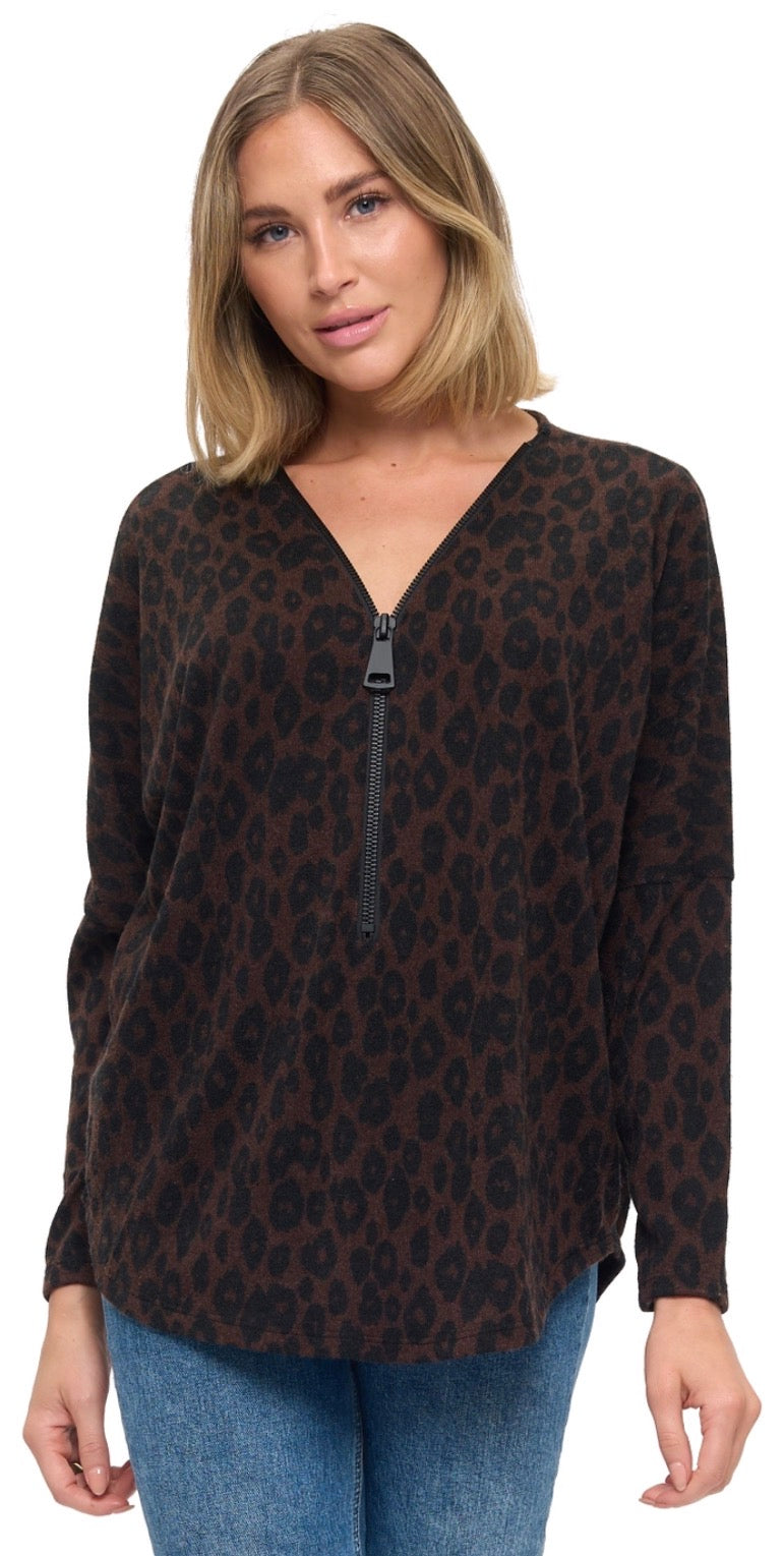 Brown and black leopard top with front quarter zip, always a best selling style!