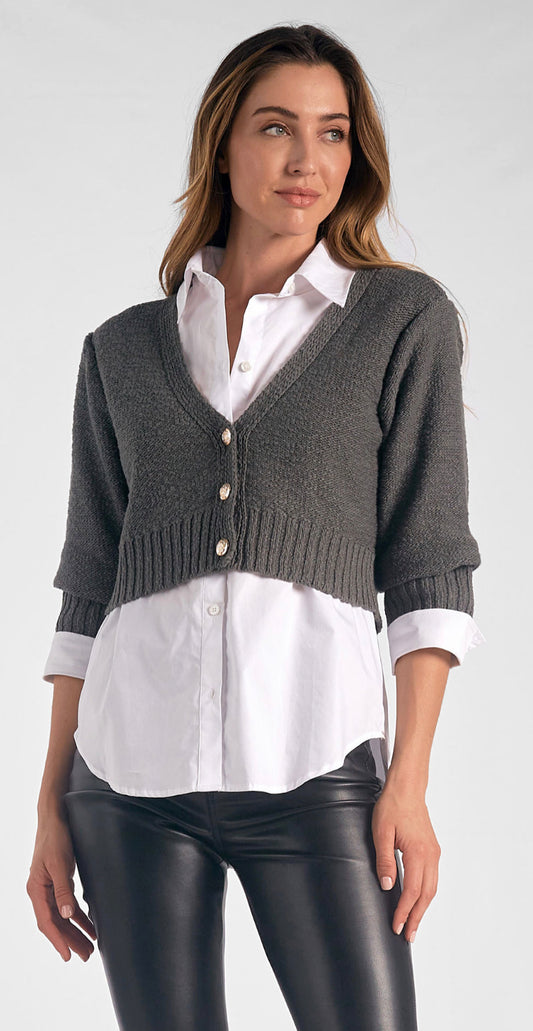 Elan grey/white 2 fer blouse and sweater top
